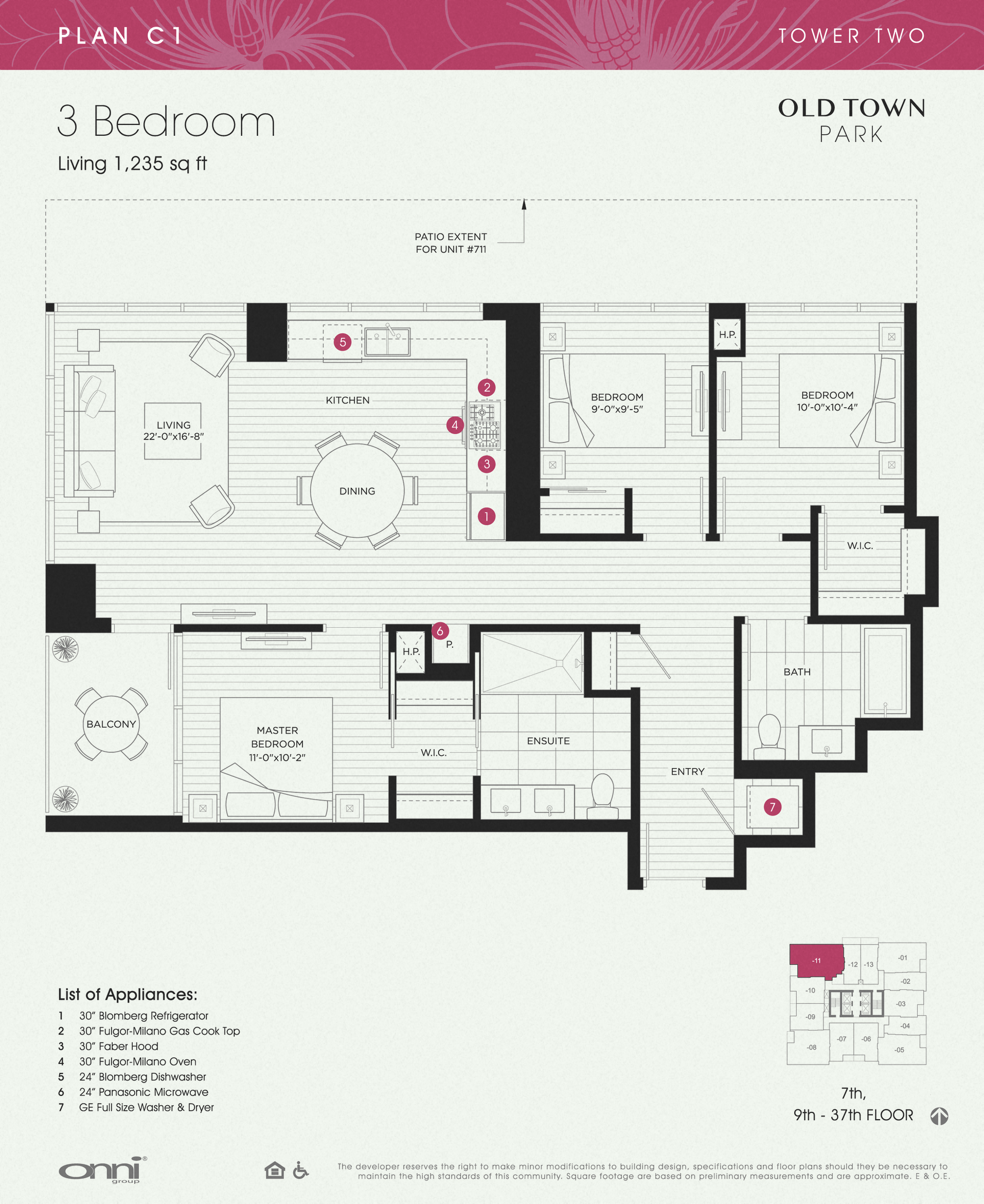 Floor plan for 3 beds, 2 baths, 1235 sqft